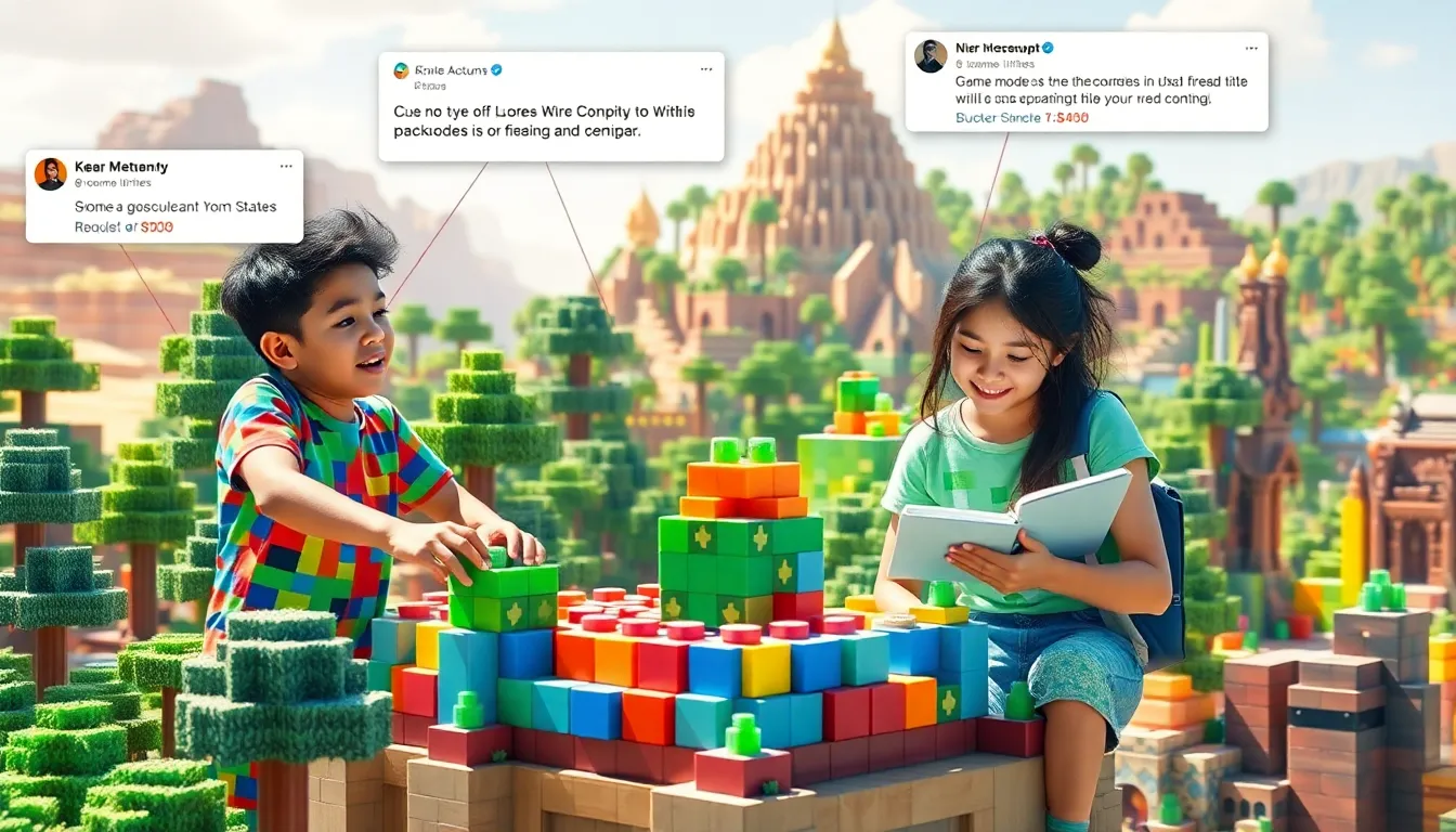 players collaborating on a Minecraft castle in a colorful game scene.