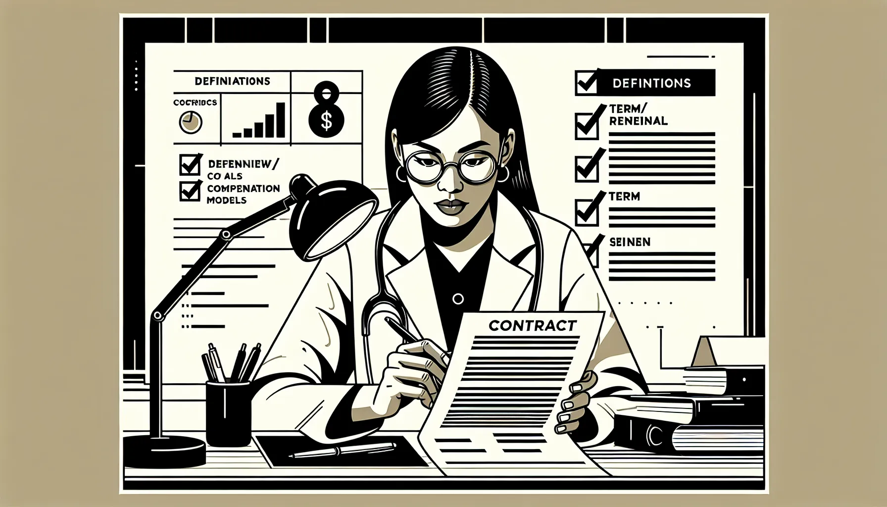 Dentist at desk examining a contract with icons for terms, calendar, and pay for South Dakota Dental Contract Review.