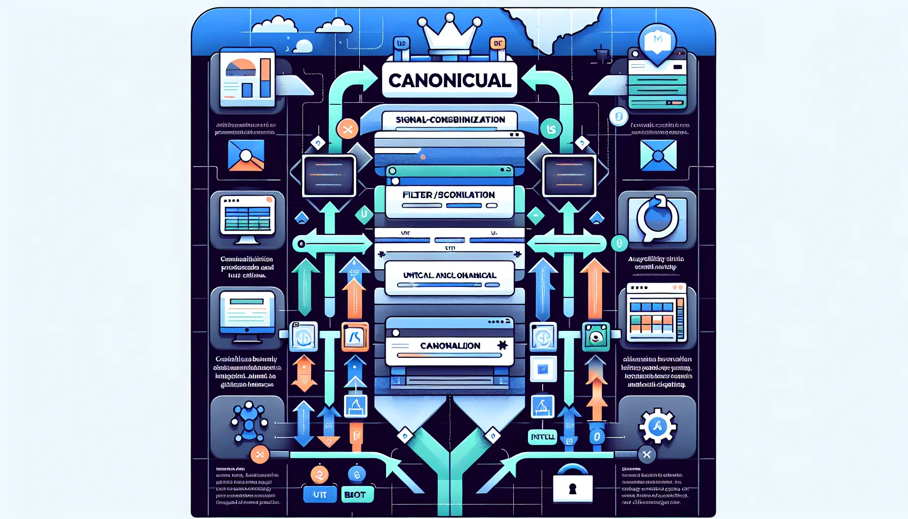 Diagram of duplicate URLs funnelling into one canonical page for SEO benefits.