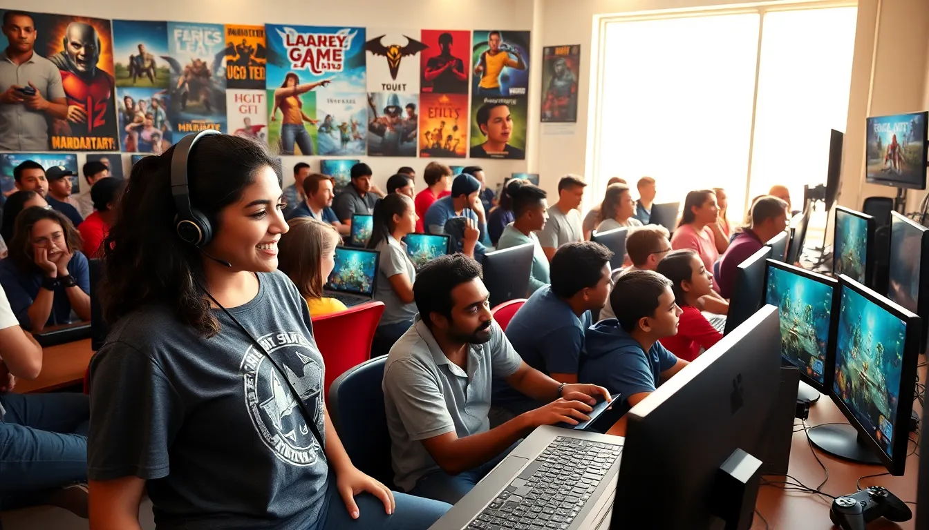 gamers interacting in a vibrant gaming community space.