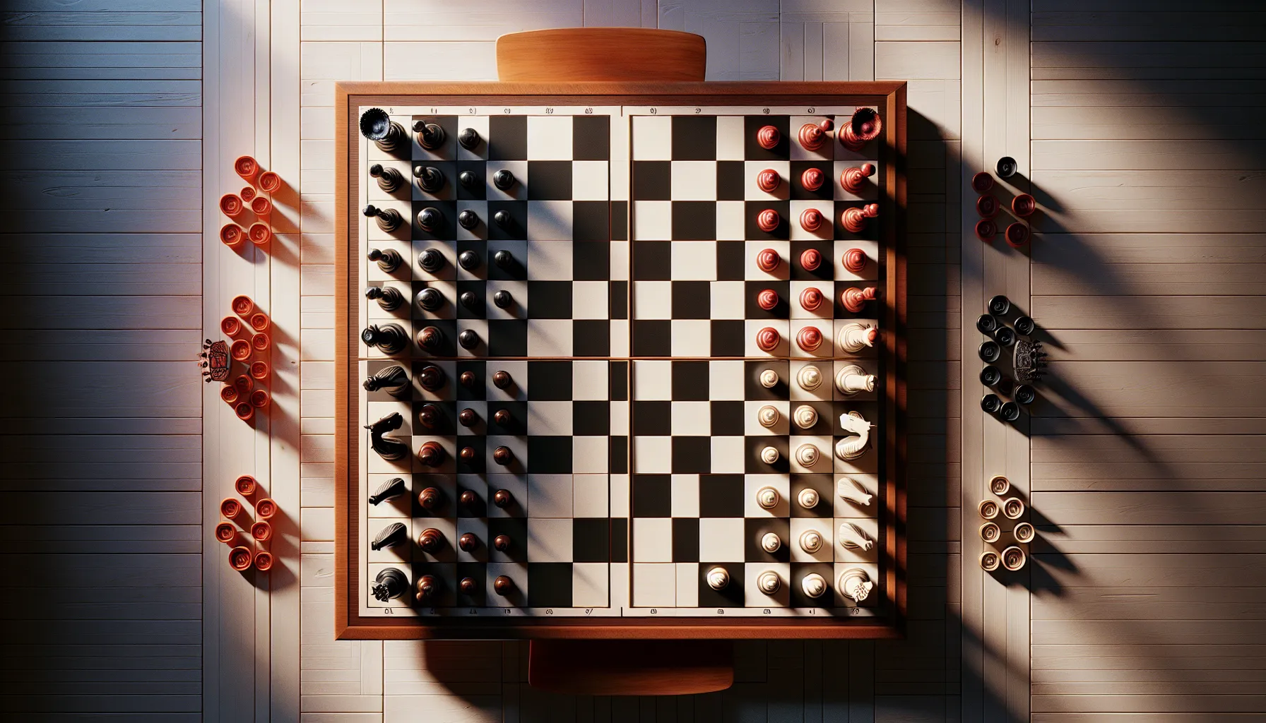 Chess and checkers games displayed on adjacent boards on a wooden table.