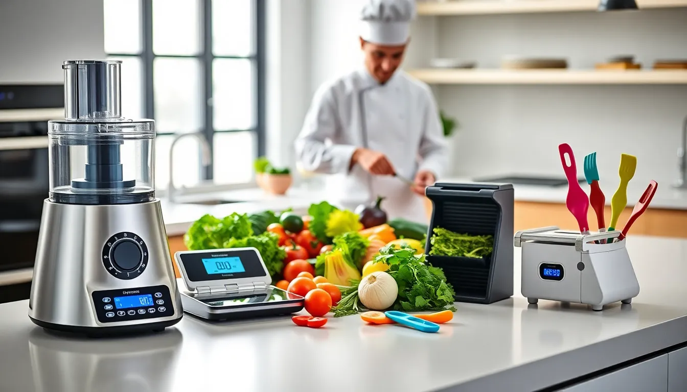 a chef demonstrating various innovative cooking gadgets in a modern kitchen.