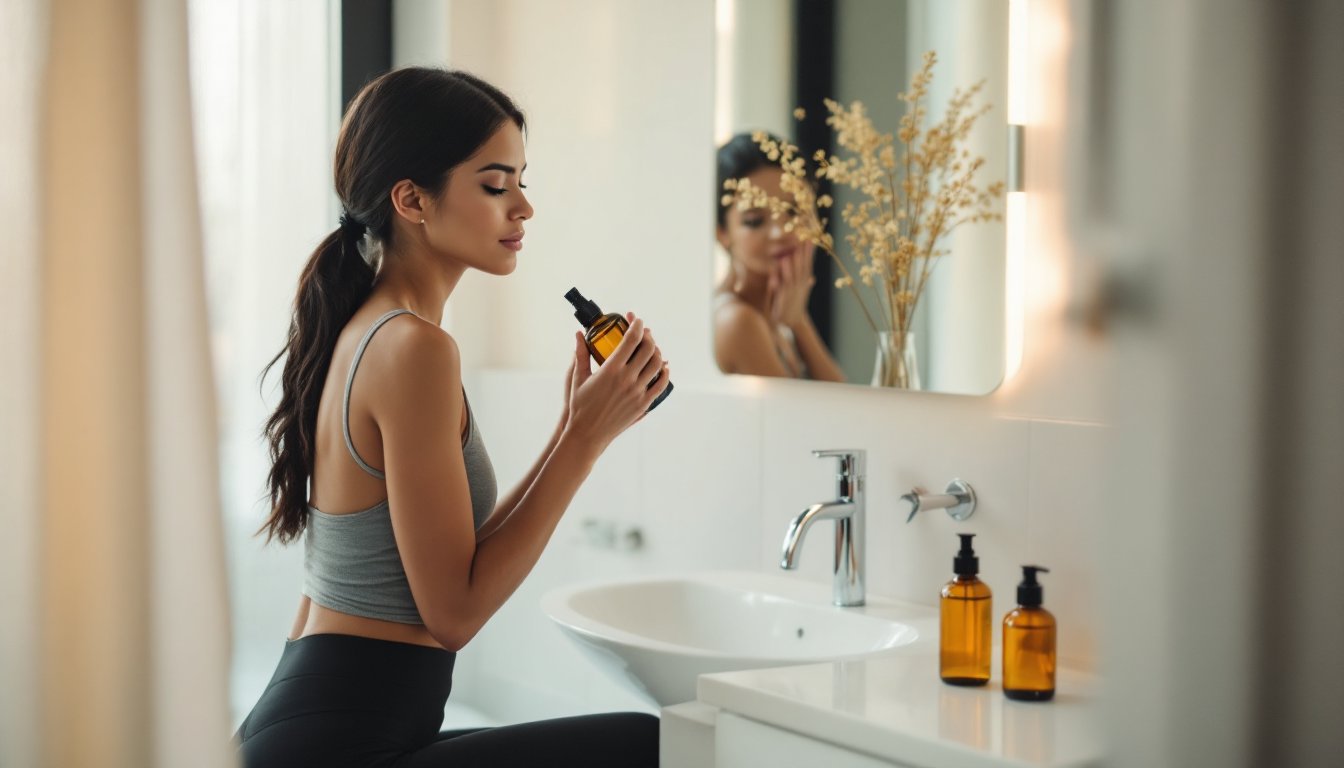 Woman massaging warm sesame oil into her leg before a bath for muscle recovery.