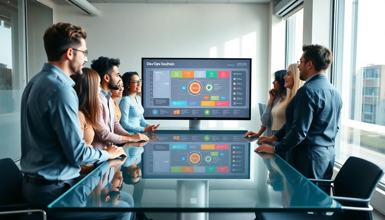 diverse team discussing DevOps toolchain in a modern office.