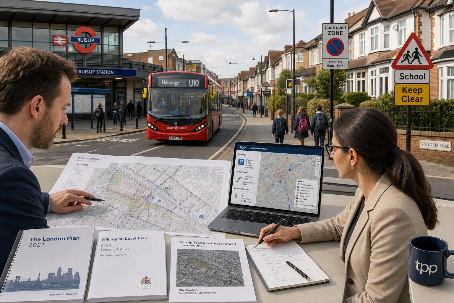Traffic engineer reviewing Ruislip transport plans with local street context.