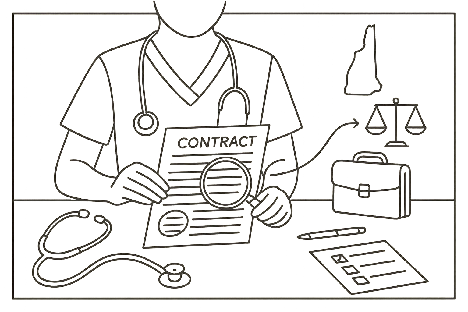 A nurse practitioner examining a contract with magnifying glass and justice scales of New Hampshire Nurse Practitioner Contract Review.