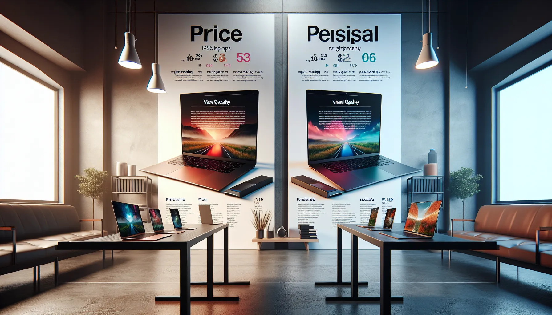 comparison of IPS and FHD laptops in a modern office.