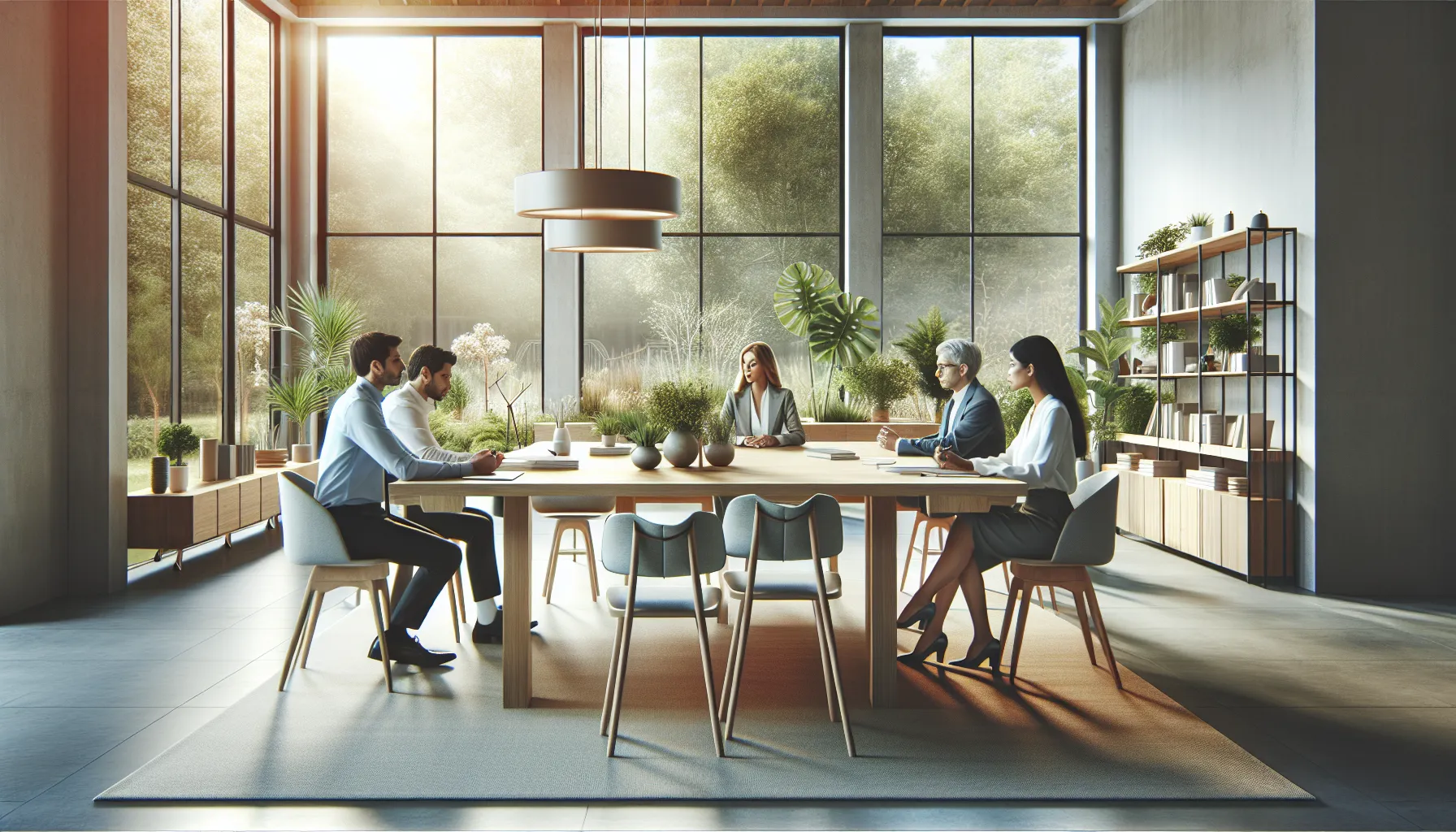 diverse professionals in a serene office discussing mindfulness concepts.