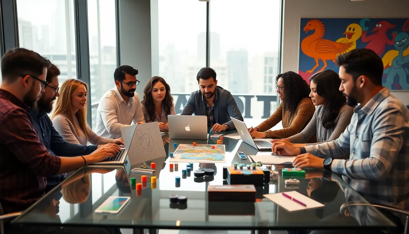 diverse team collaborating in a modern office for game development.