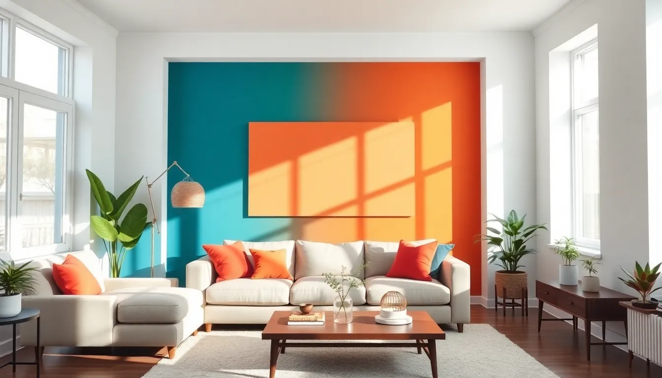 A modern living room displaying various wall colors and decor.