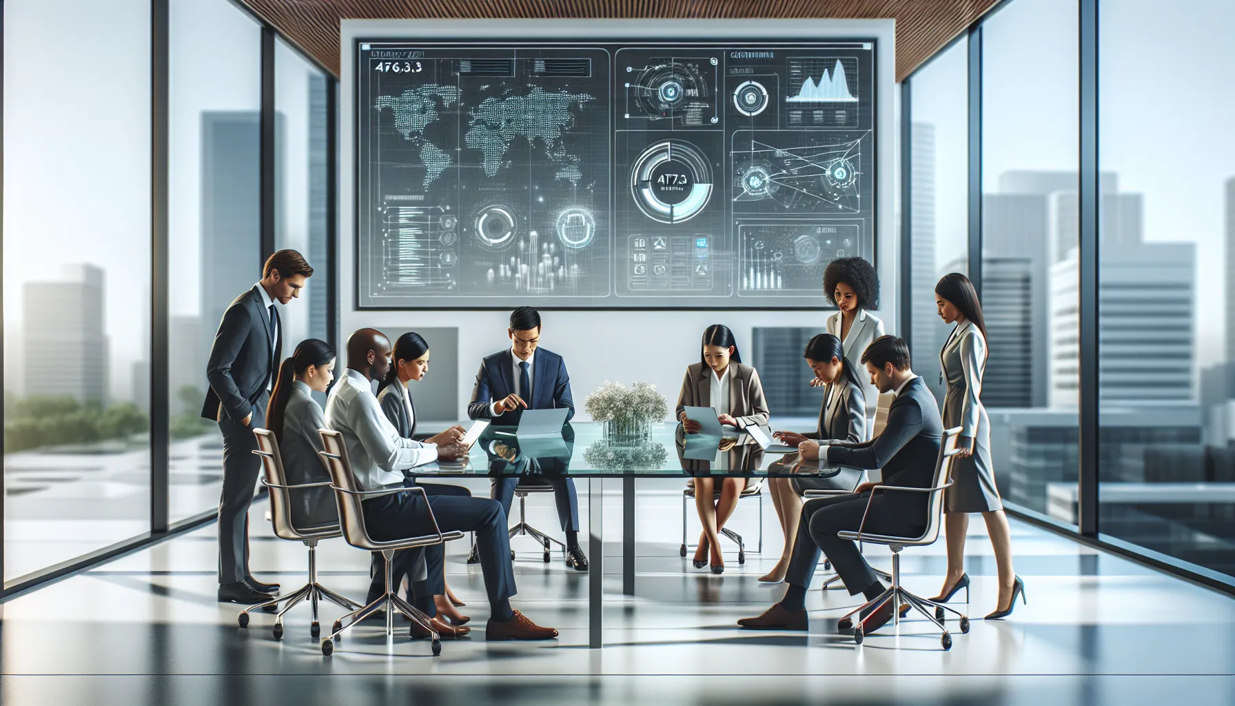 diverse team collaborating over future tech trends in a modern office.