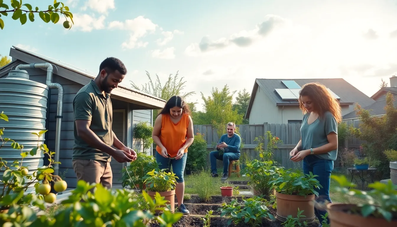 diverse group gardening in a sustainable backyard setting.