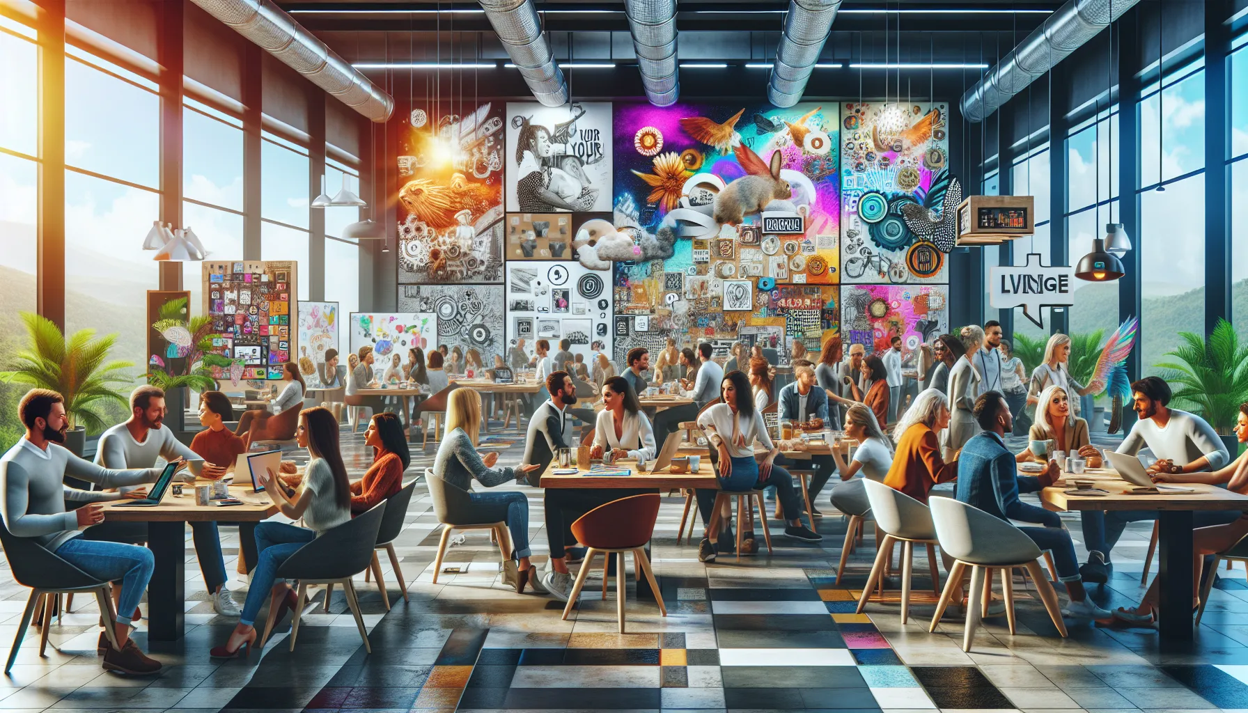 diverse group collaborating in a modern creative workspace.