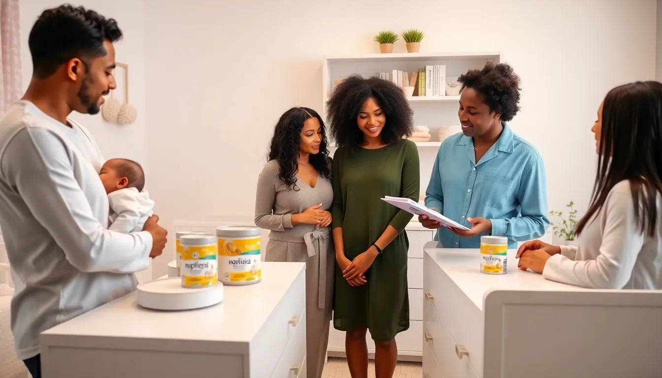 parents discussing infant nutrition with a professional in a modern nursery.