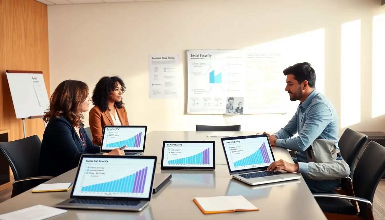 diverse teachers discussing Social Security benefits in a modern classroom.