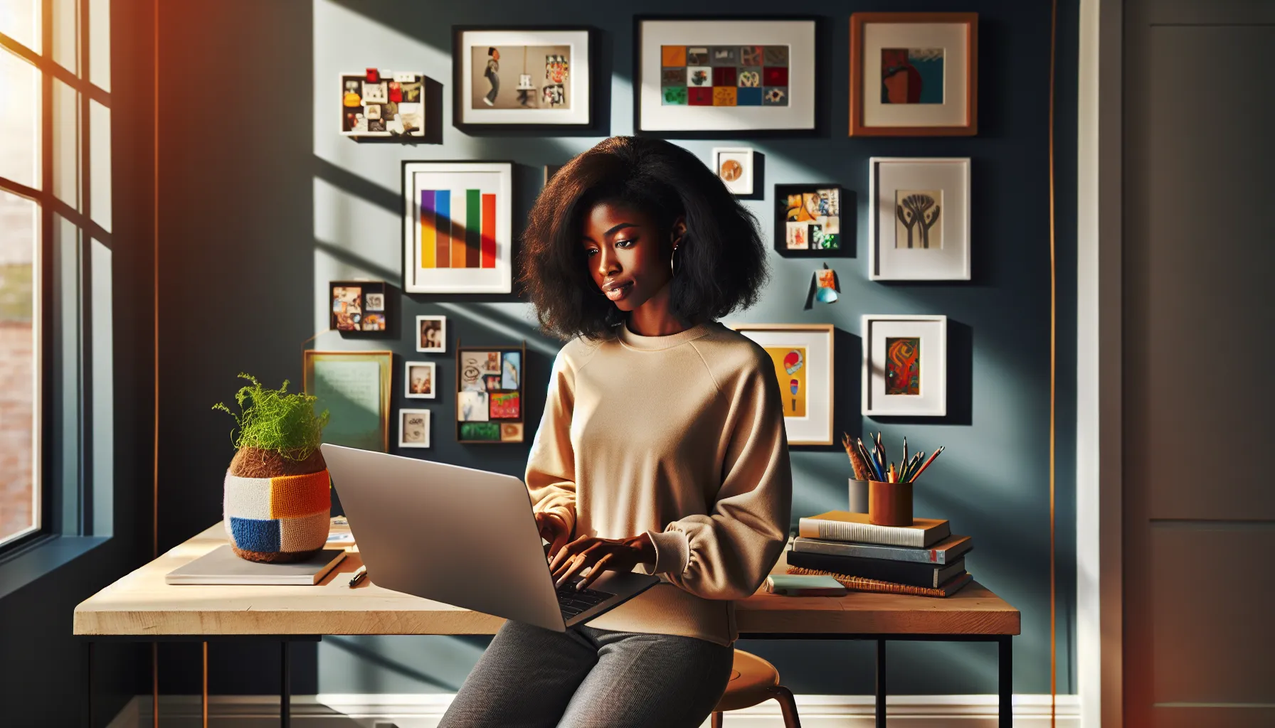 a young woman working in a colorful home office