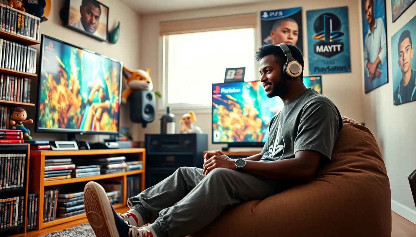 a young gamer immersed in a cozy gaming room filled with PlayStation memorabilia.