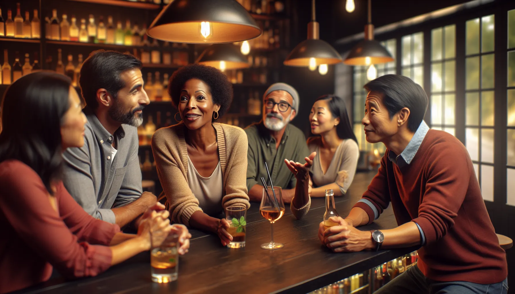 diverse group of friends sharing stories over drinks in a cozy bar.