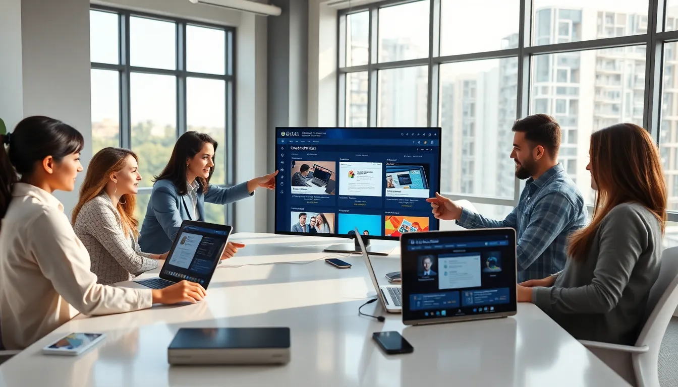 diverse team examining historical website data in a modern office.