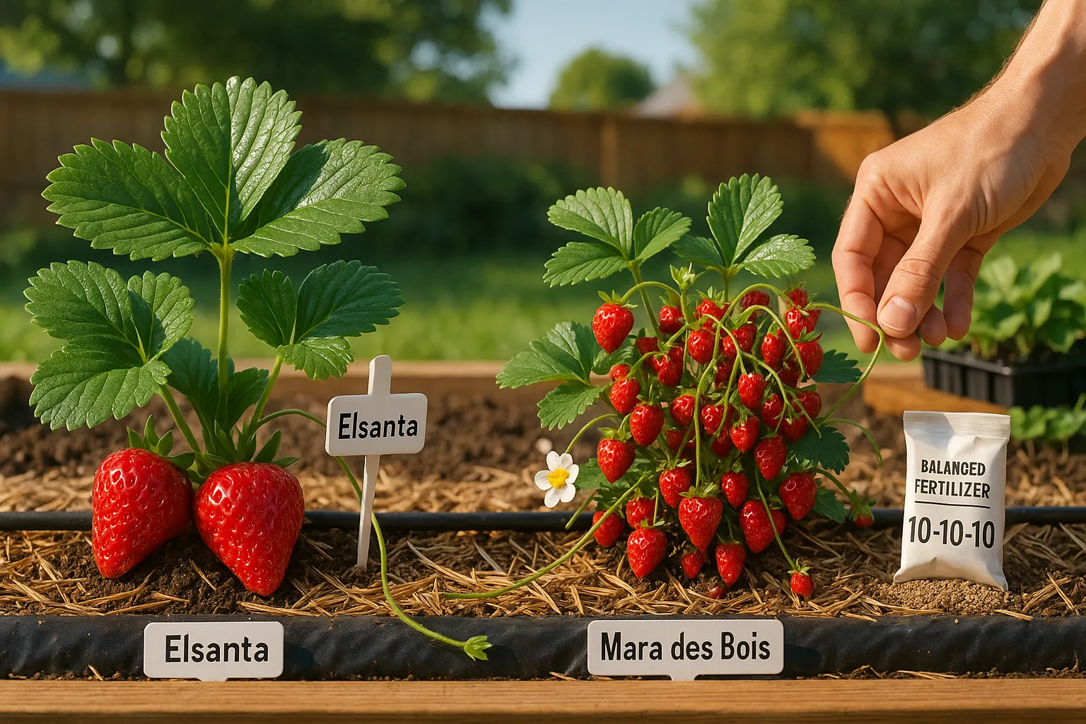 Two labeled strawberry plants (Elsanta and Mara des Bois) in a mulched raised bed.