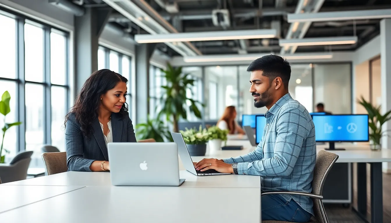 diverse team collaborating in a modern hot desking office.