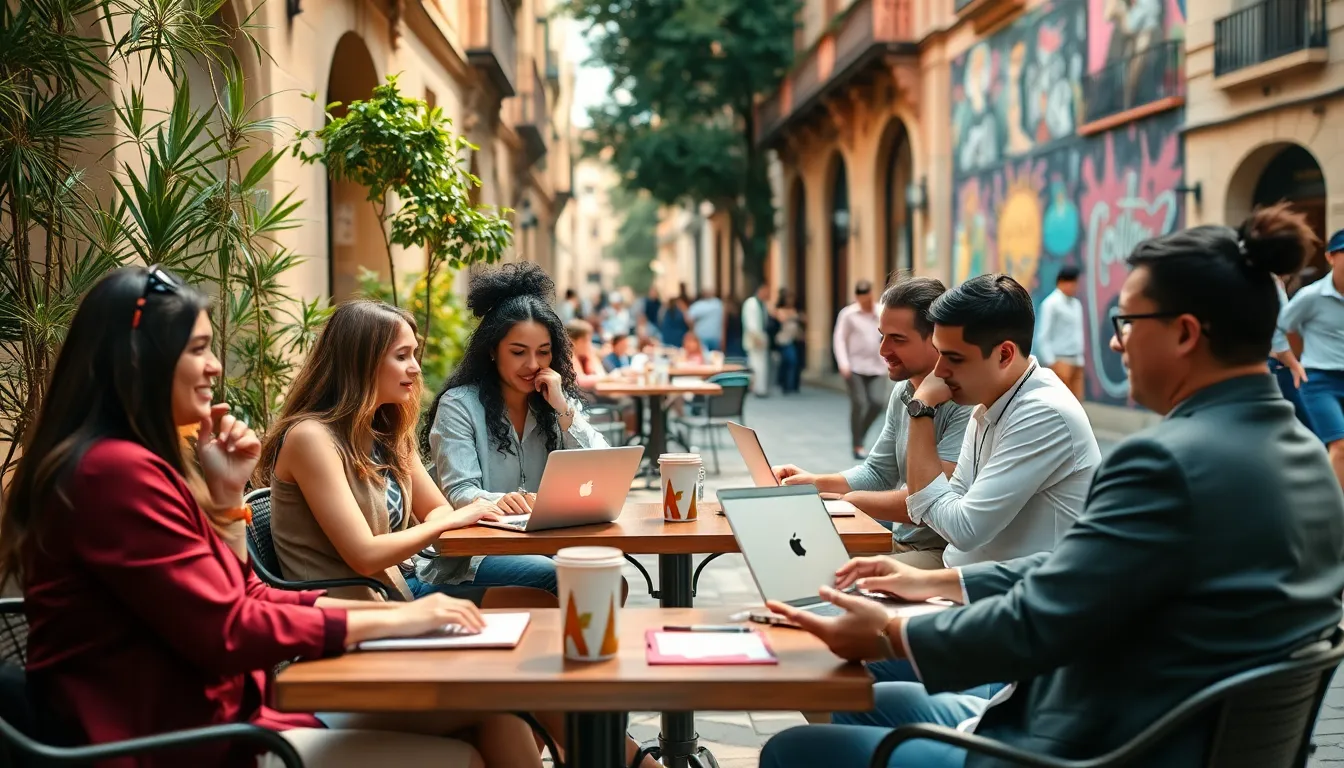 group of digital nomads working at a café in Spain.