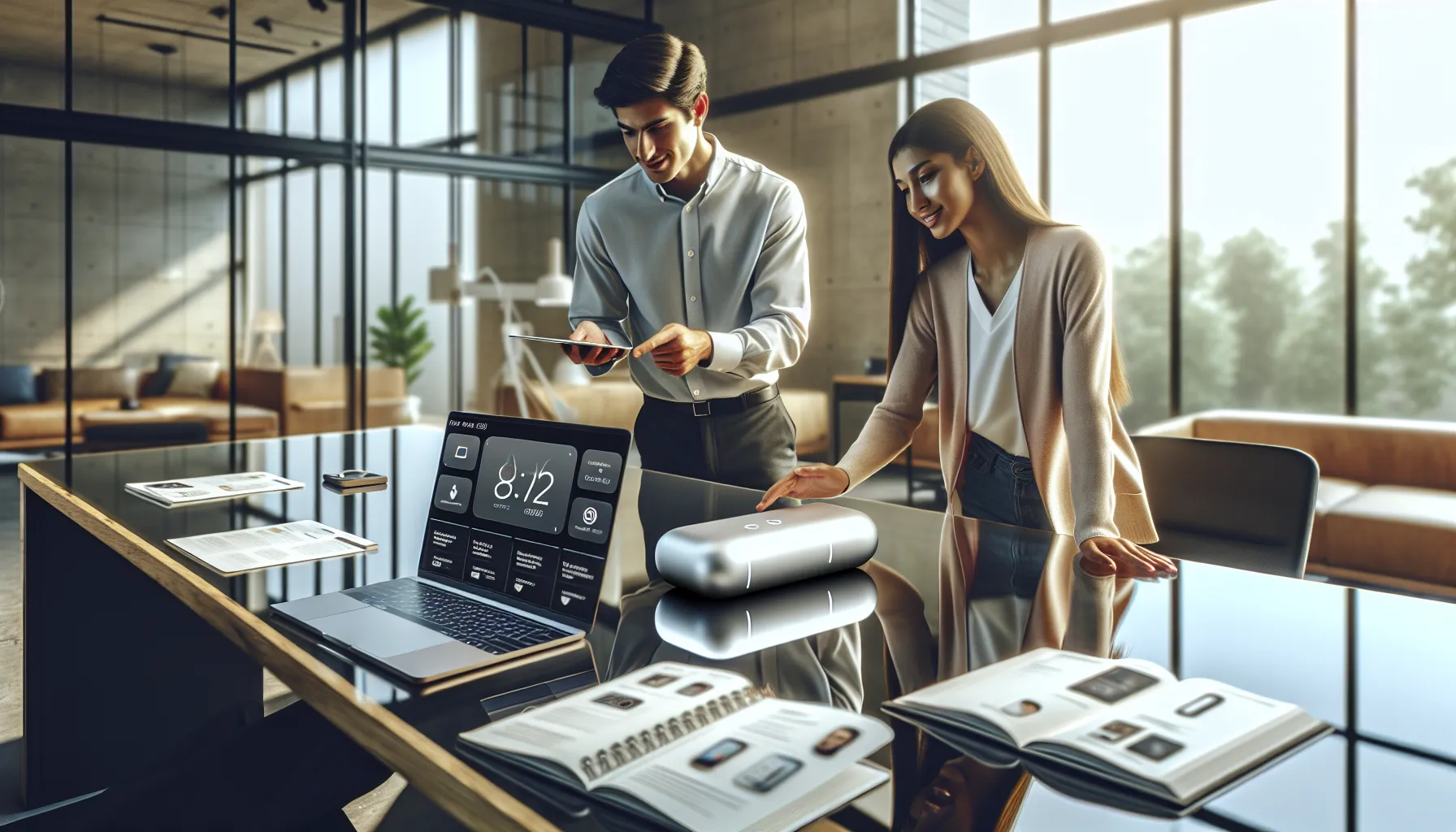 diverse professionals setting up a new tech device in a modern office.