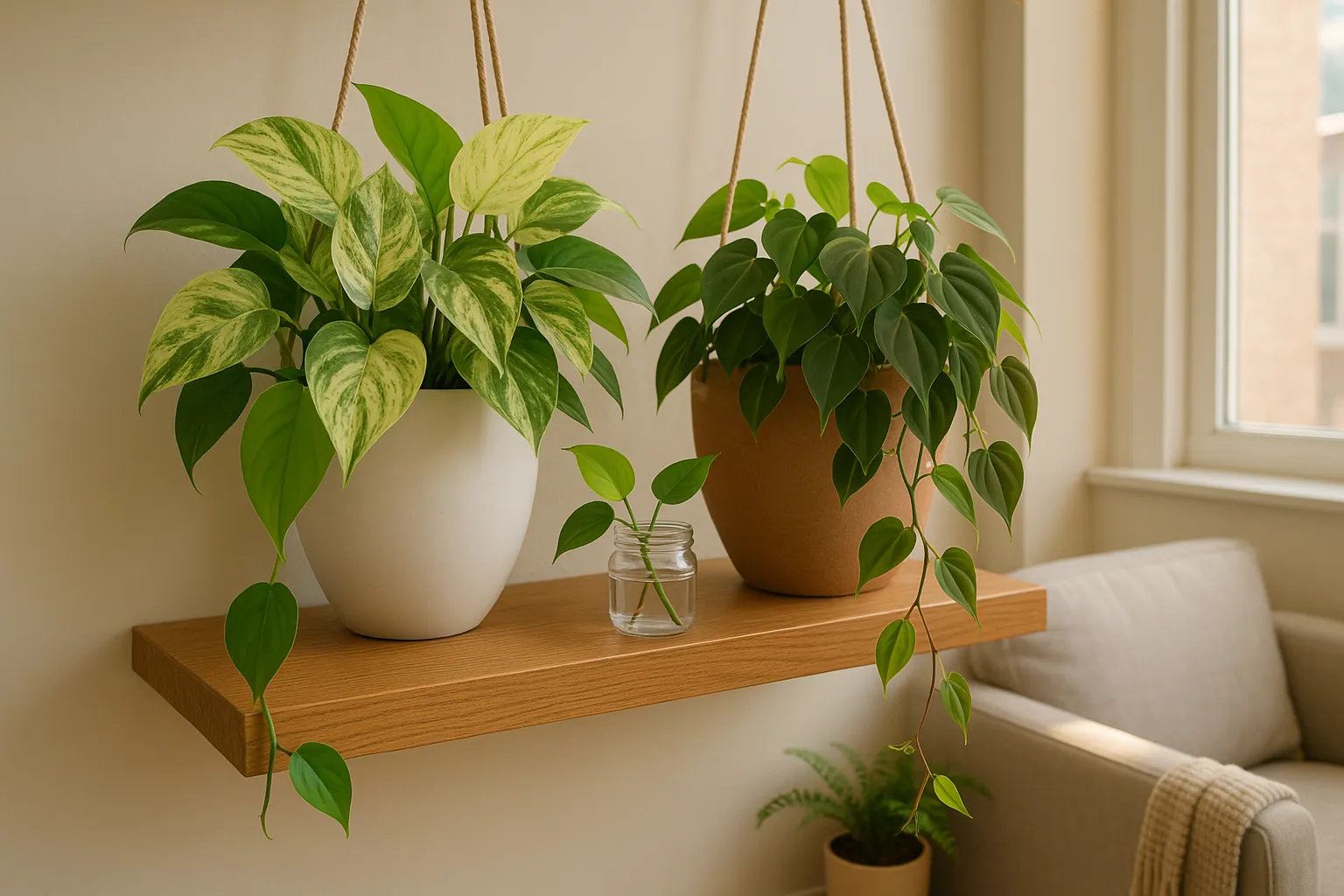 two hanging plants showing glossy pothos and softer heartleaf philodendron side by side