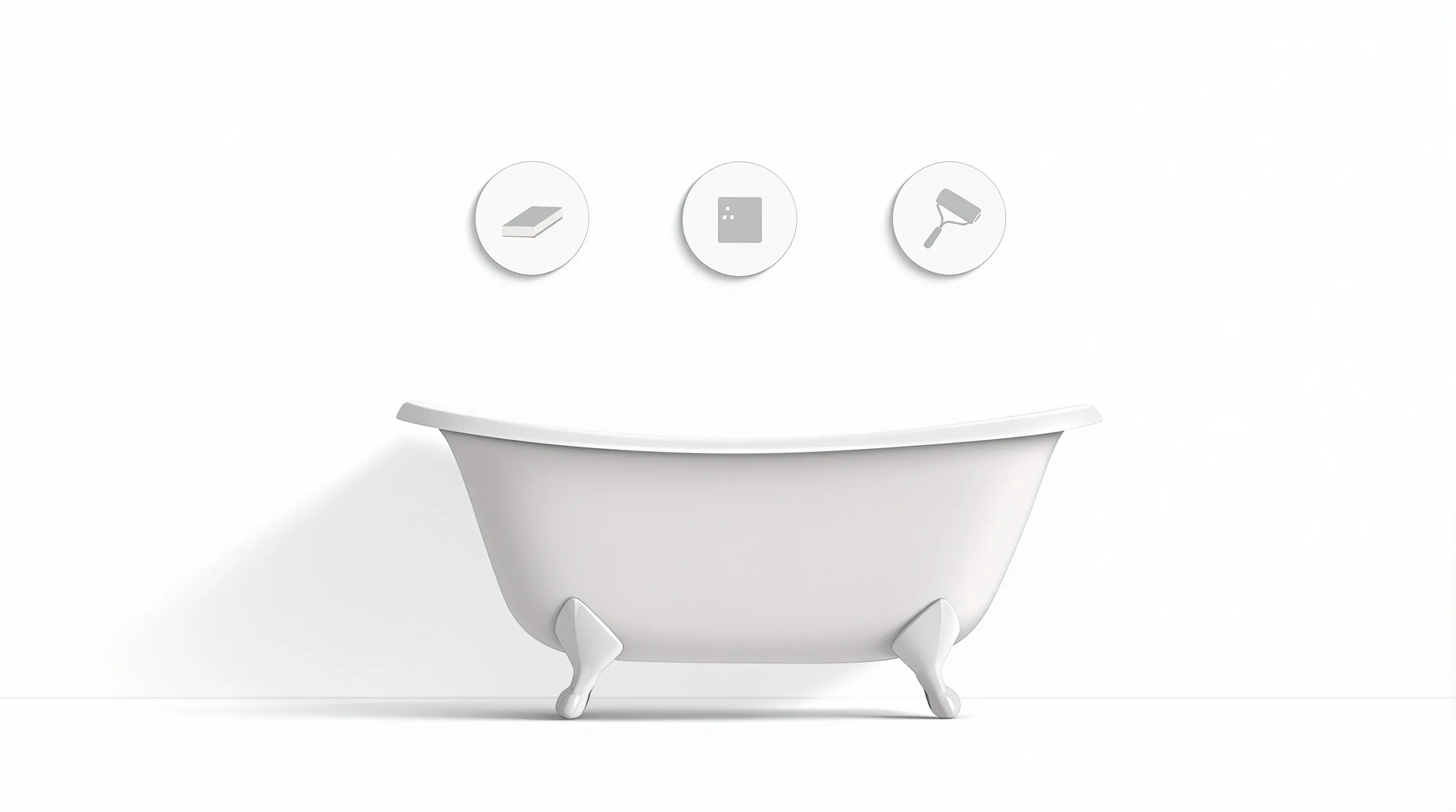 Minimalist bathtub outline with icons representing cleaning, sanding, and enamel coating steps.