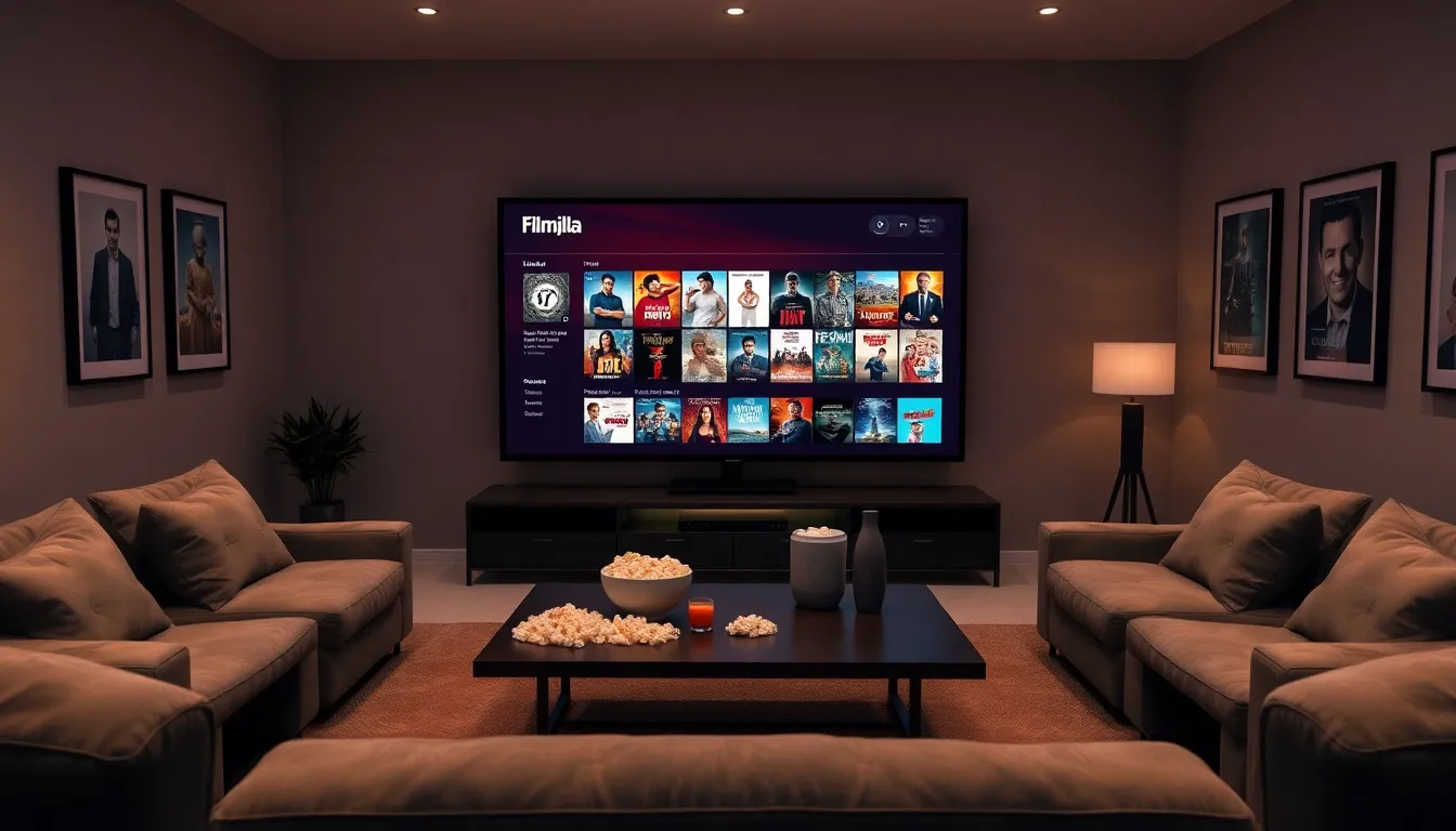 home theater with Filmjila streaming interface displayed on a TV.