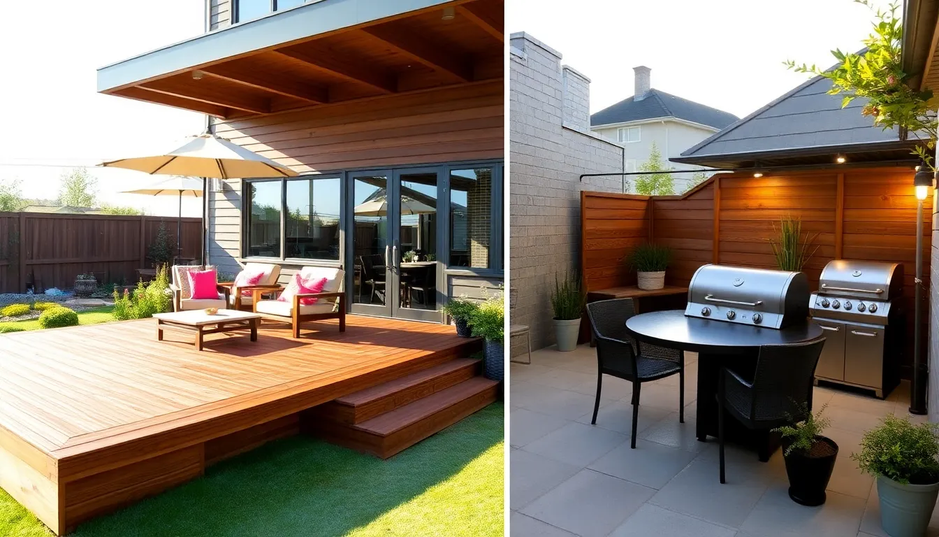 a modern patio and deck set up for outdoor relaxation and dining.