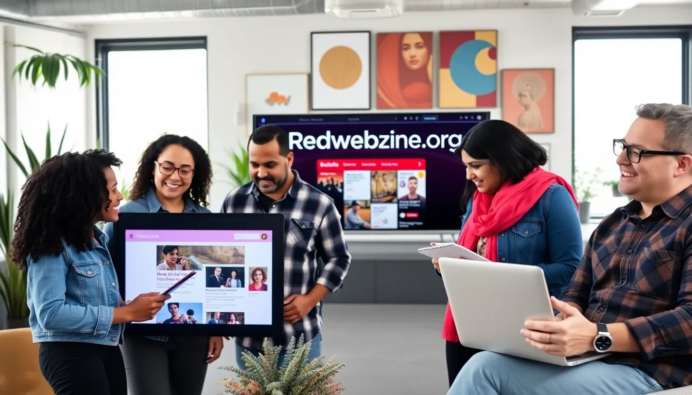 diverse group discussing content from Redwebzine.org in a modern workspace.