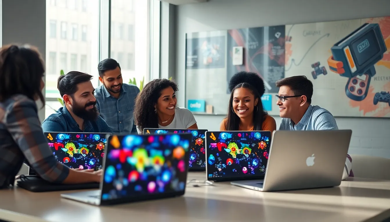 diverse gaming team collaborating in a modern office.