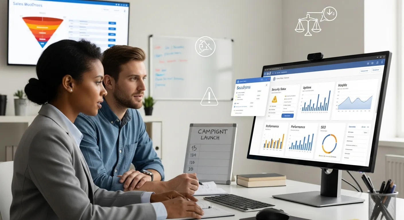 Marketing manager and technician reviewing comprehensive WordPress maintenance dashboard in a modern office.