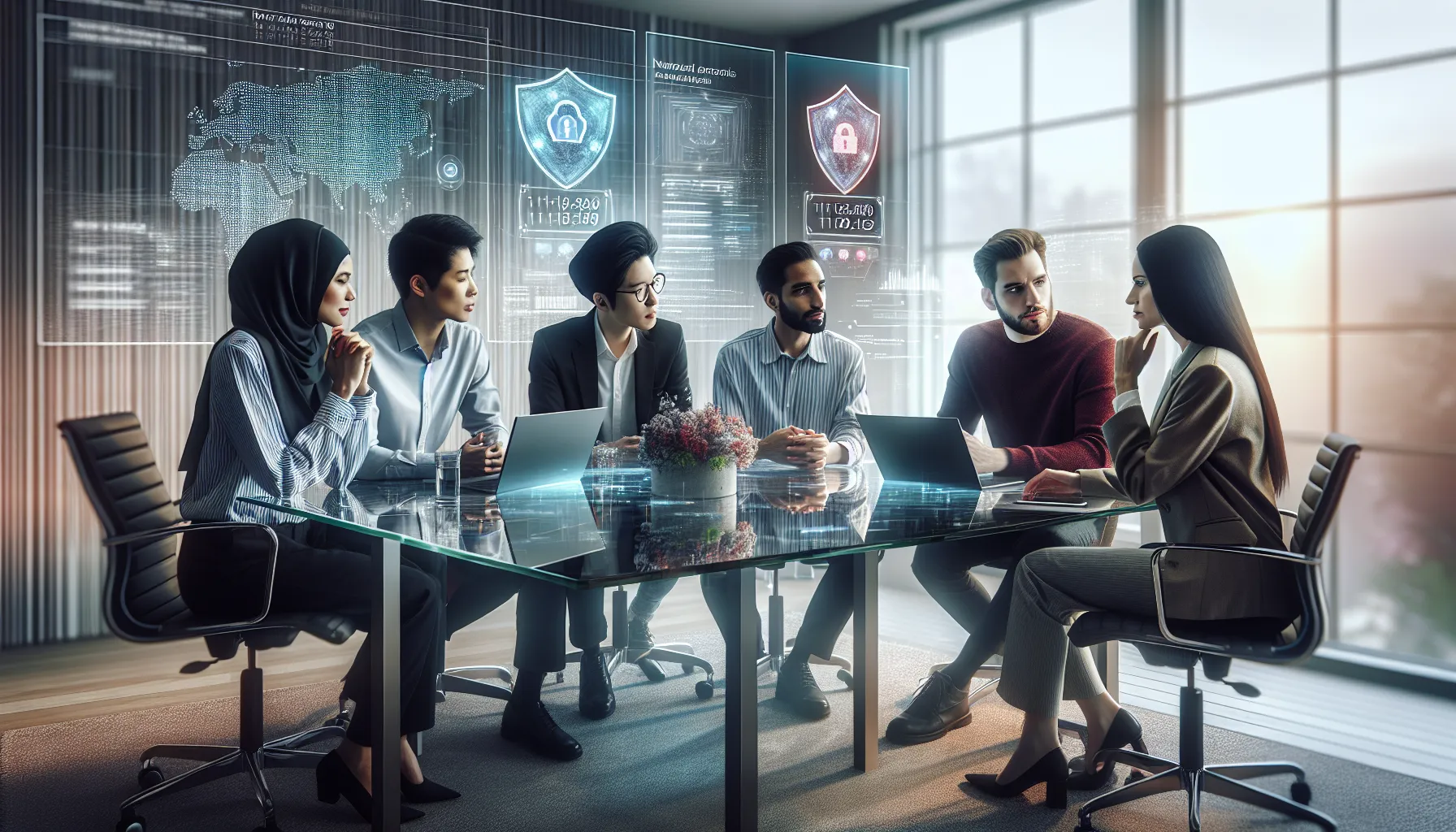diverse cybersecurity team discussing network risks in a modern office.
