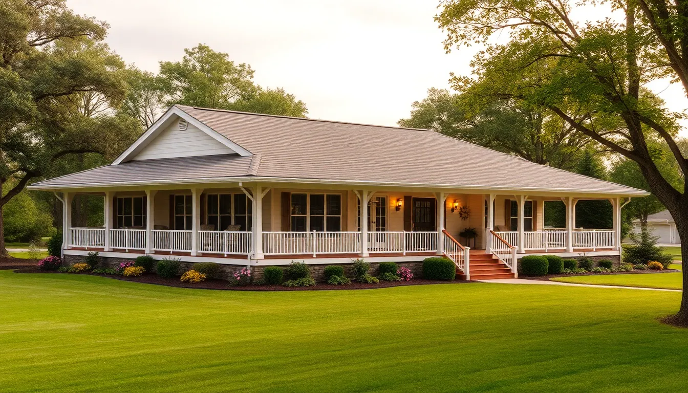 a ranch style home with a wrap-around porch in a landscaped setting.