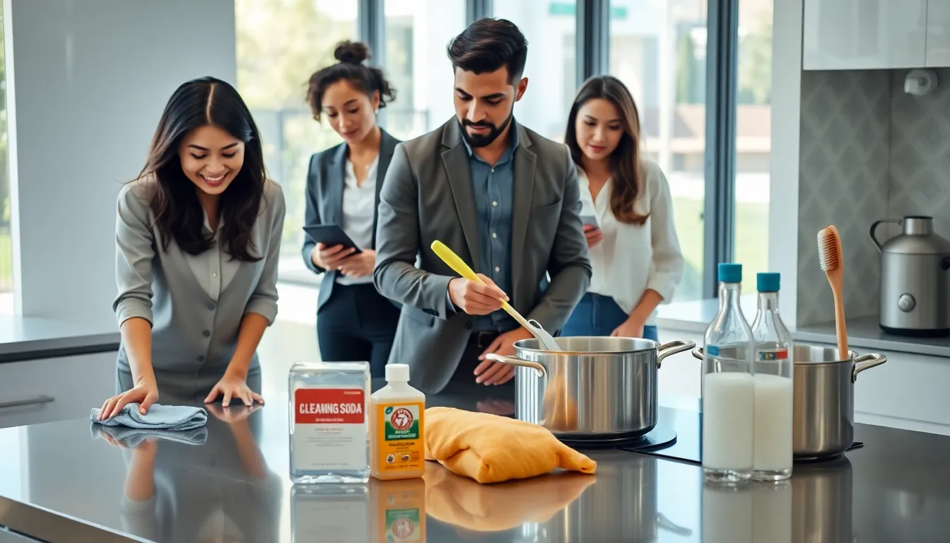 diverse team using essential cleaning tools in a modern kitchen.