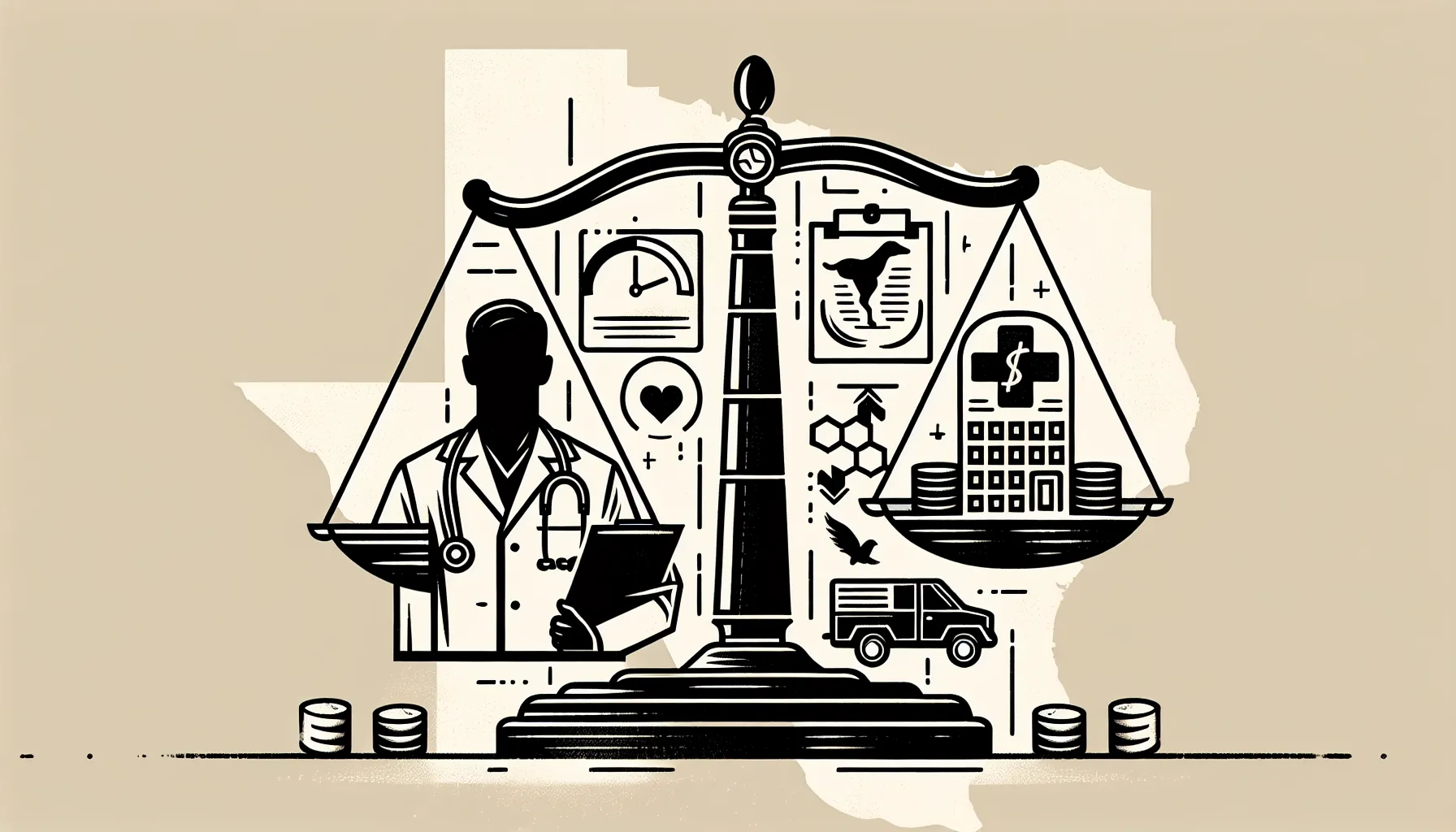 Veterinarian with balance scale showing salary, collections, ProSal, and shift icons of Texas Veterinary Contract Review.