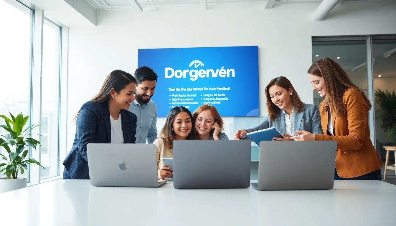 diverse team collaborating on new Dorgenven software in a modern office.