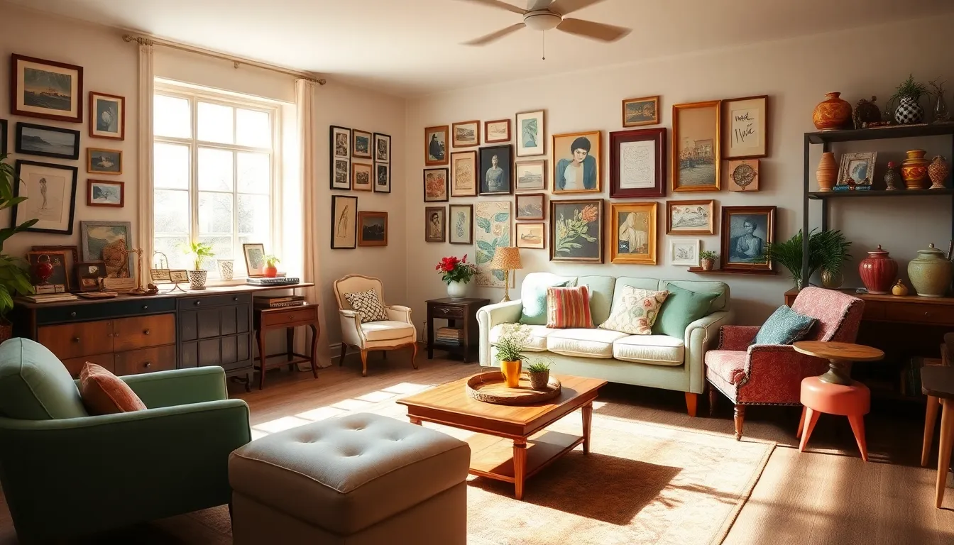 bright living space with vintage furniture and eclectic decor.
