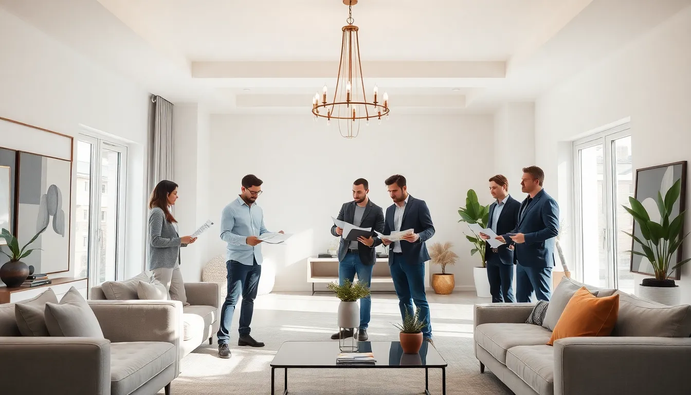 a diverse team collaborating on decor design in a modern interior.