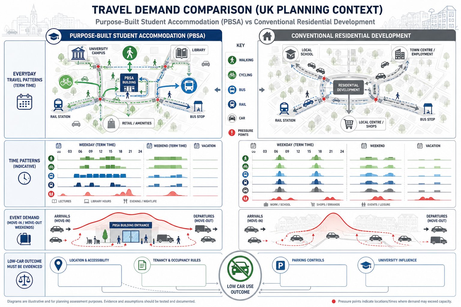 Infographic comparing student housing travel patterns with conventional residential development in the UK.