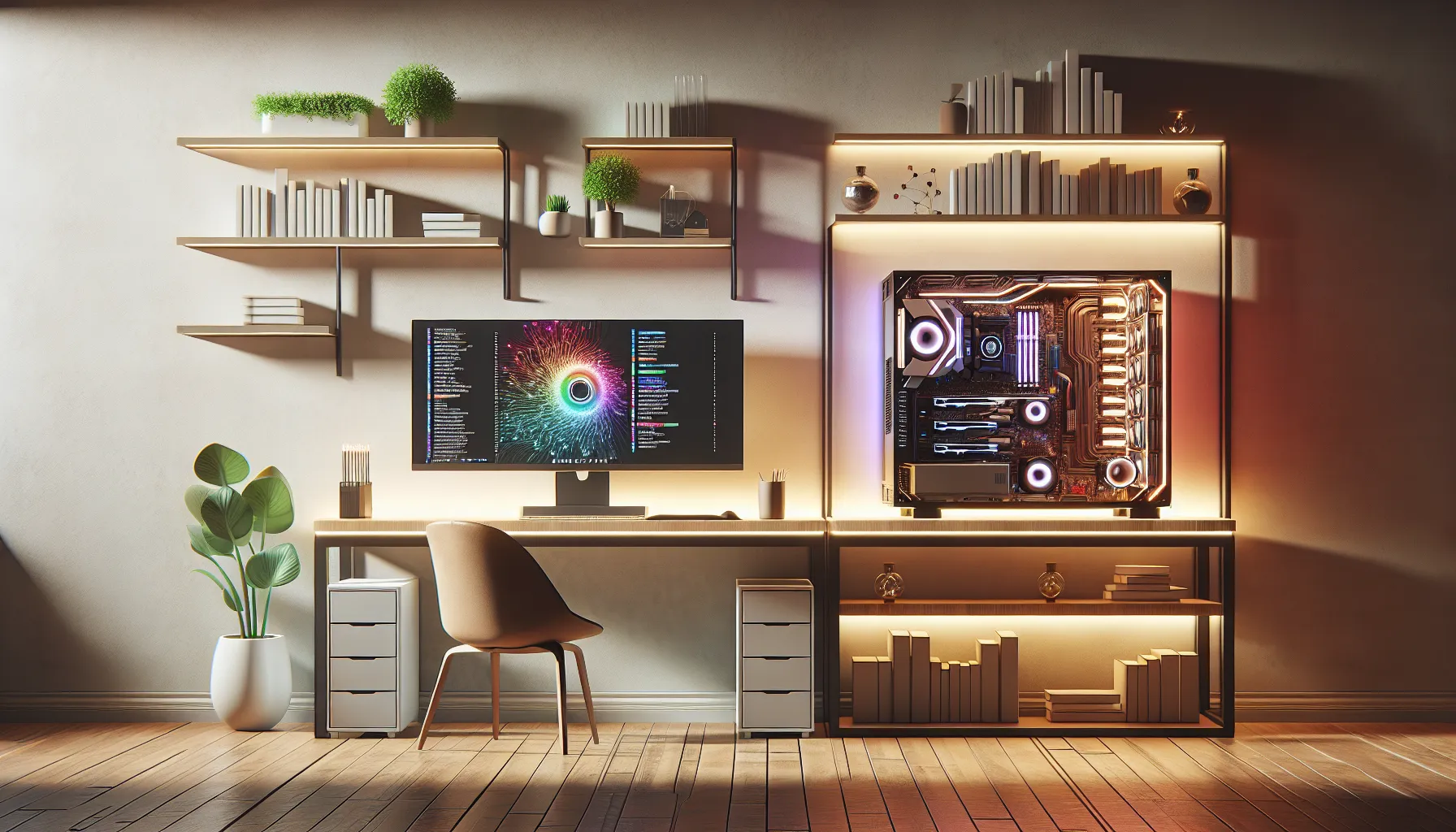 A Mac laptop and a custom-built PC on a modern desk in a home office.