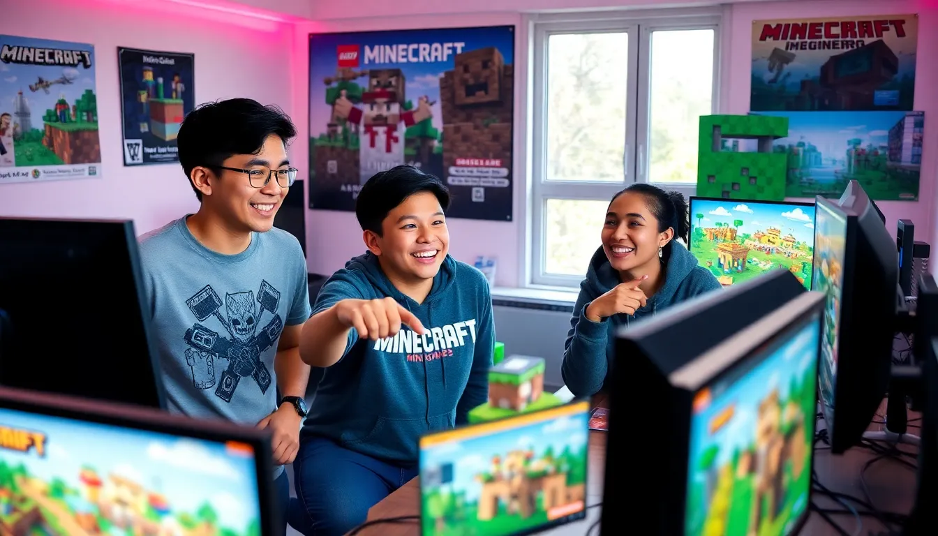Gamers collaborating on Minecraft strategies in a vibrant gaming space.