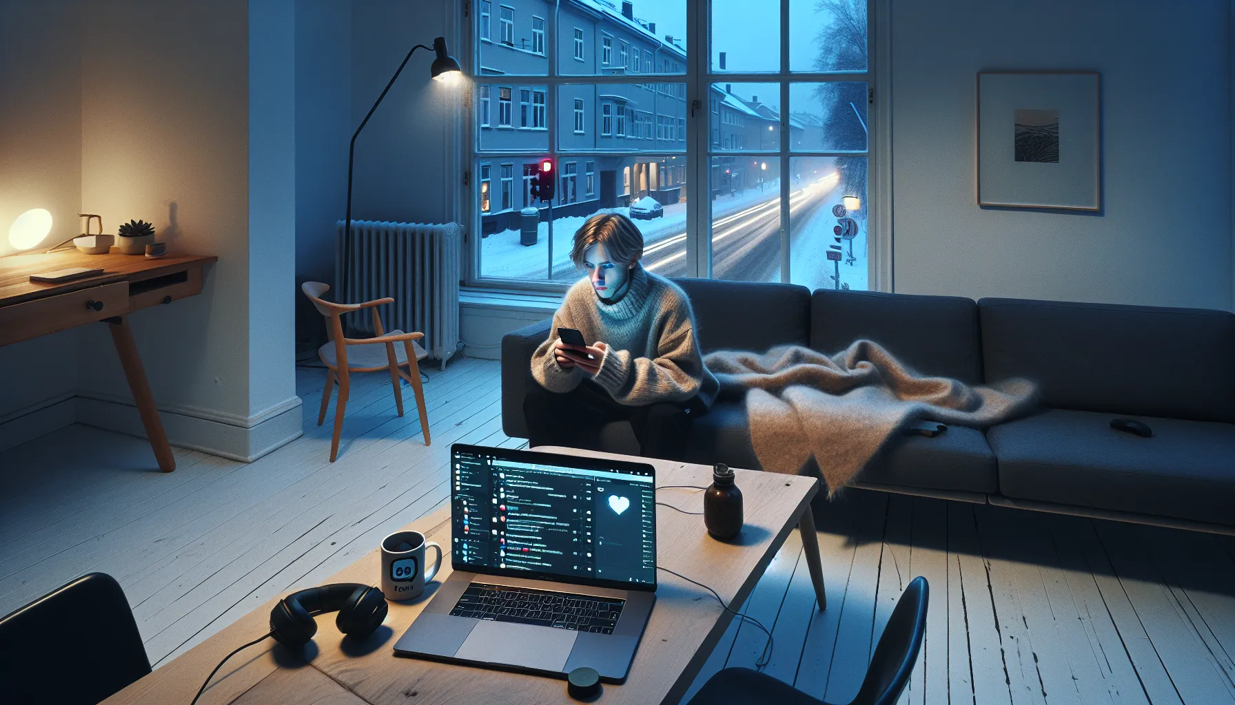 Young norwegian alone at night, surrounded by screens and notifications.