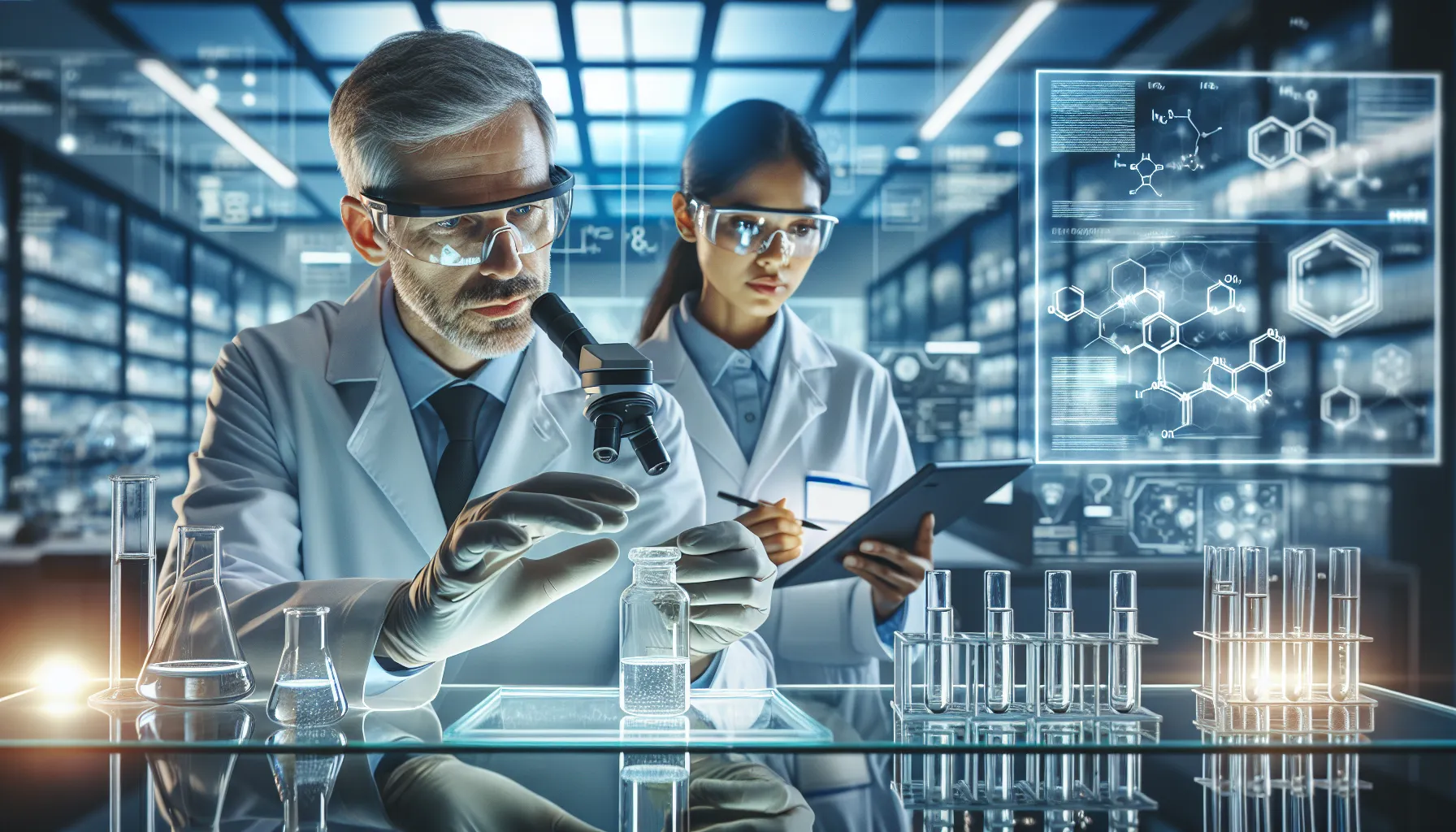 diverse scientists studying Lack Xovfullmins chemicals in a modern lab.