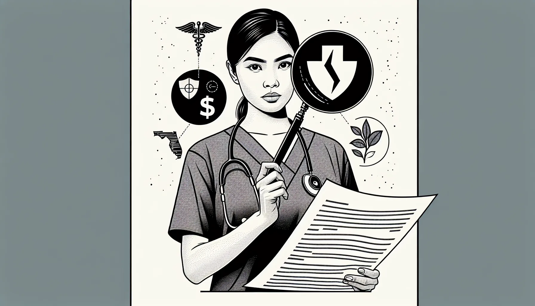 Veterinarian examining an employment contract with magnifying glass and Florida map and Florida Veterinary Contract Review