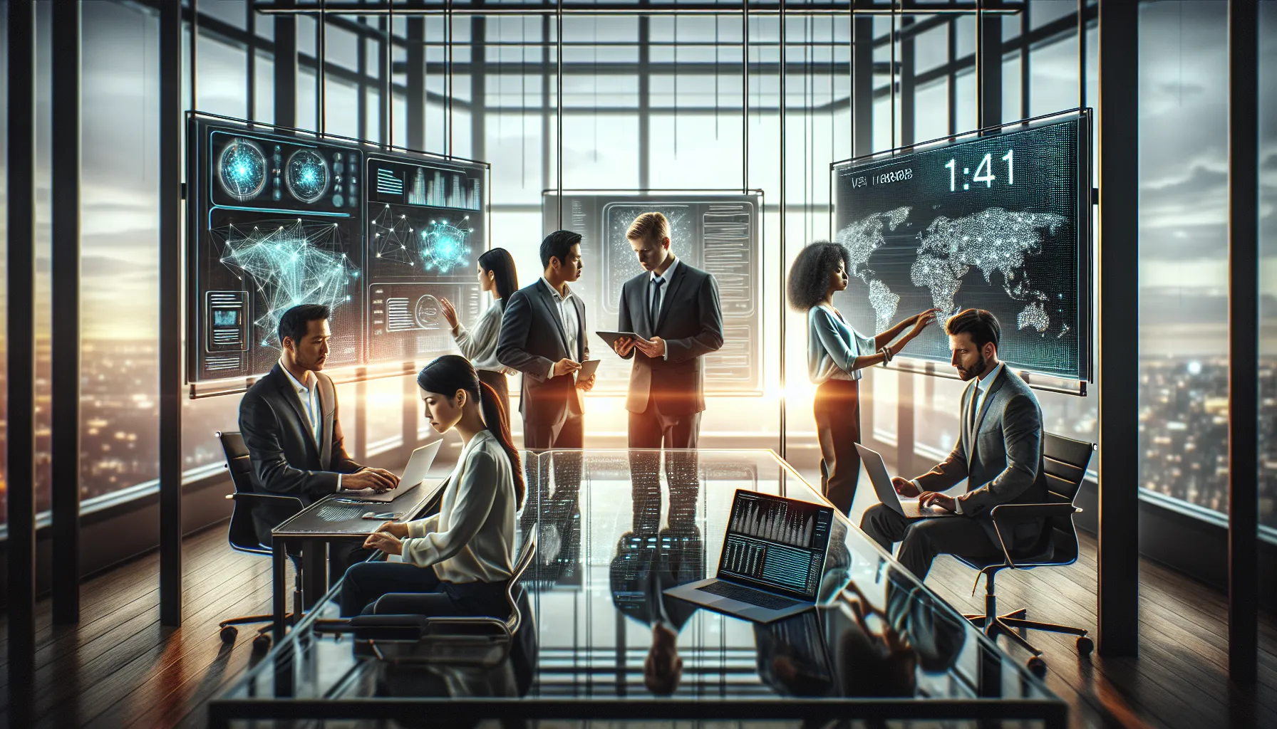 professionals collaborating in a modern office on technology and analytics.