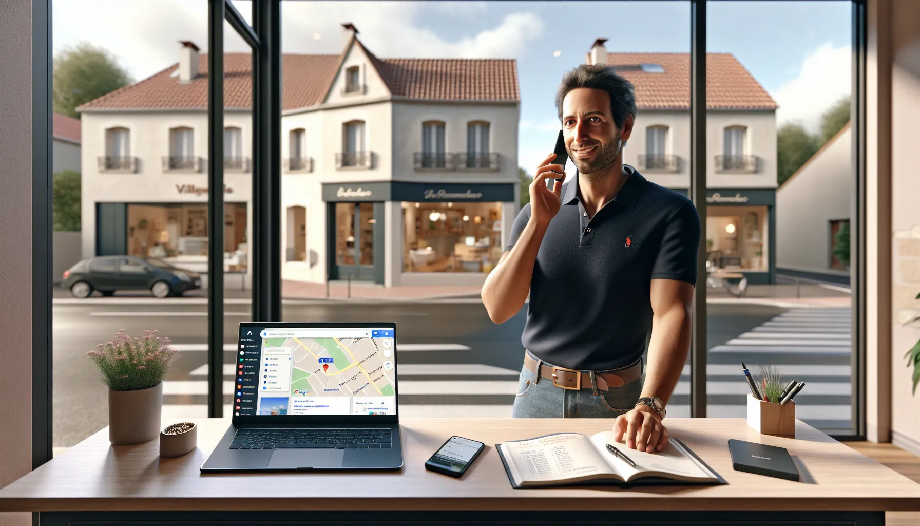 Local Villemomble shop owner viewing top Google results as phone rings with clients.