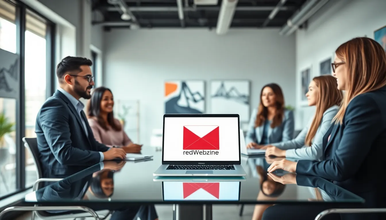 diverse team discussing email services in a modern office.